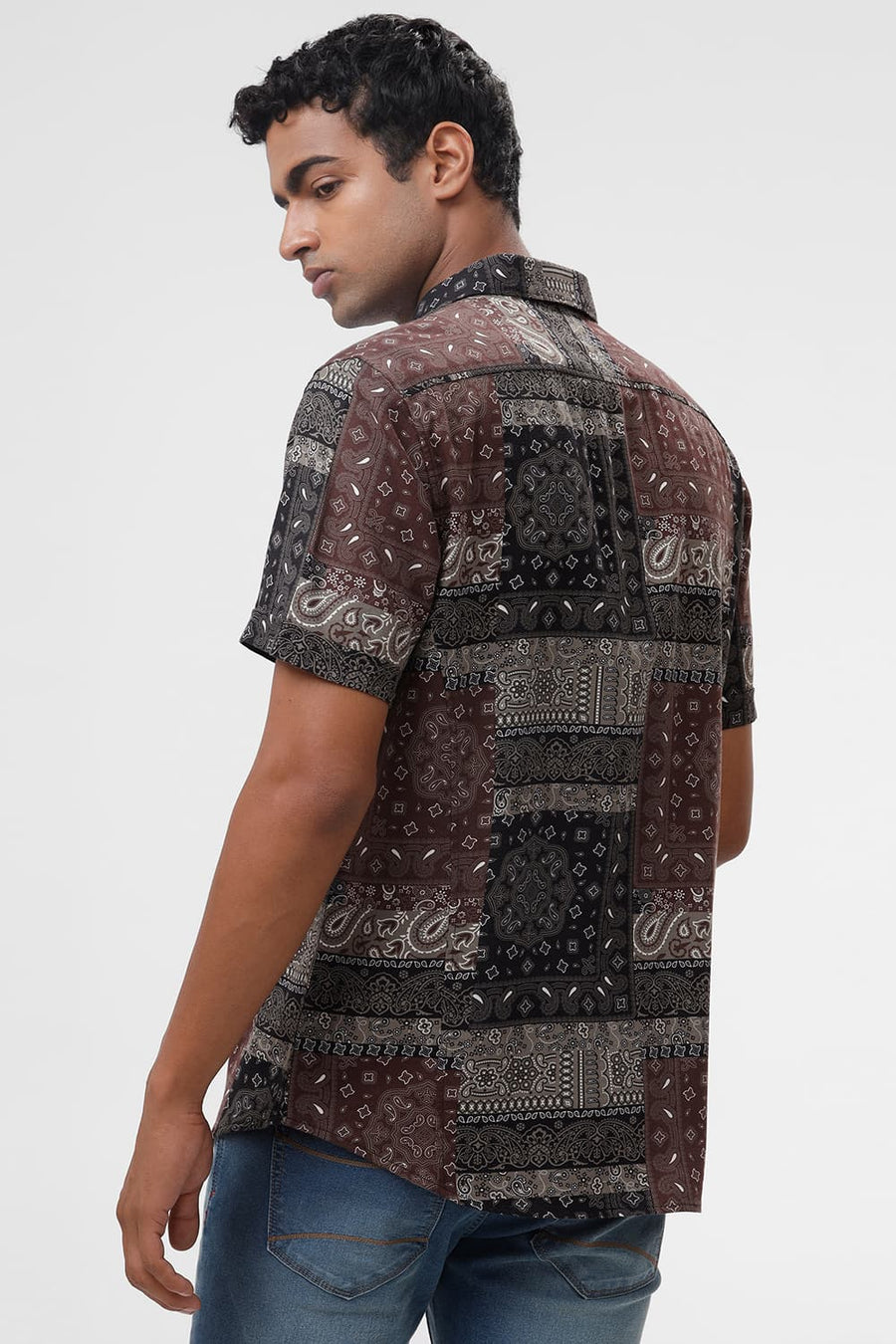 BASICS SLIM FIT CHINOIS OLIVE COTTON VISCOSE TWILL PRINTED HALFSLEEVES SHIRT