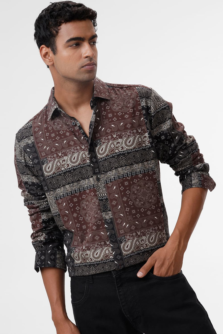 BASICS SLIM FIT CHINOIS OLIVE COTTON VISCOSE TWILL PRINTED SHIRT