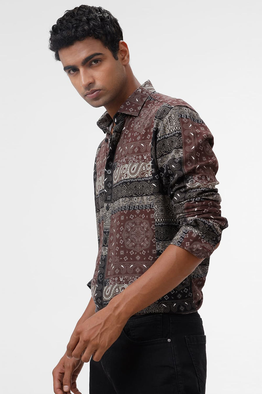 BASICS SLIM FIT CHINOIS OLIVE COTTON VISCOSE TWILL PRINTED SHIRT