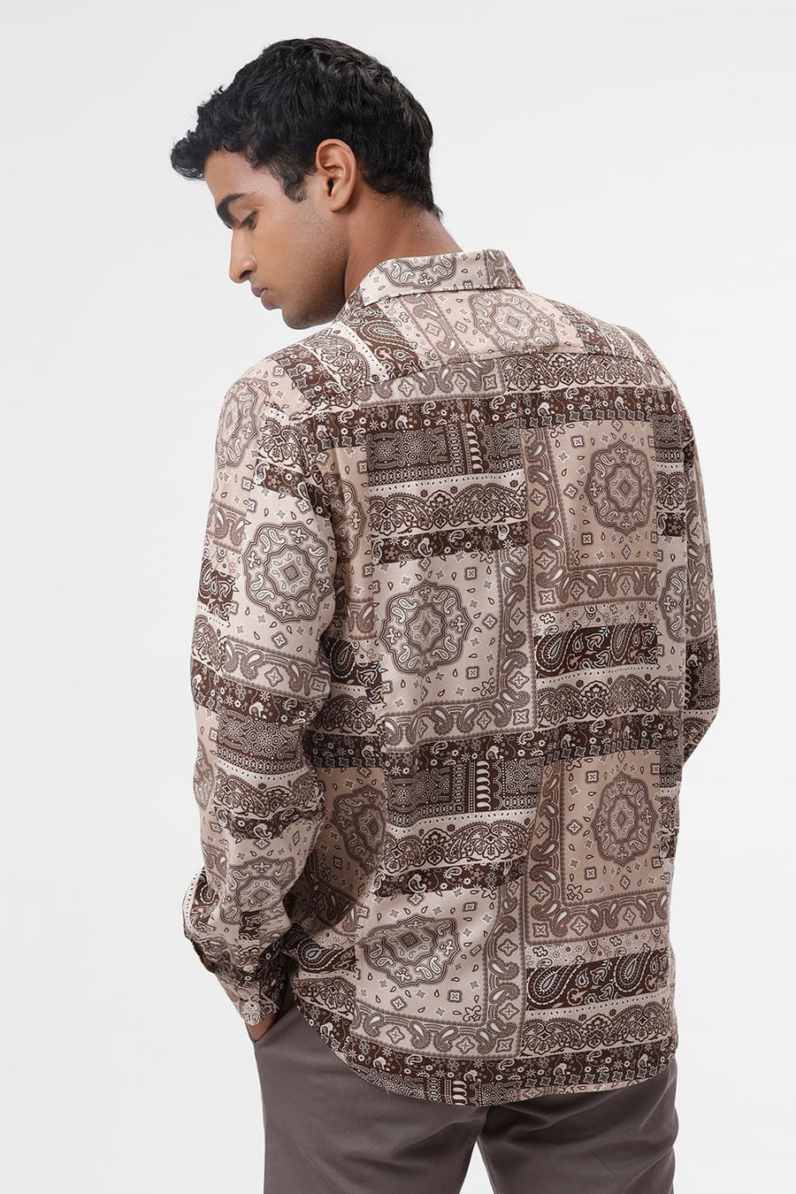 BASICS SLIM FIT APRICOT BEIGE COTTON VISCOSE TWILL PRINTED SHIRT