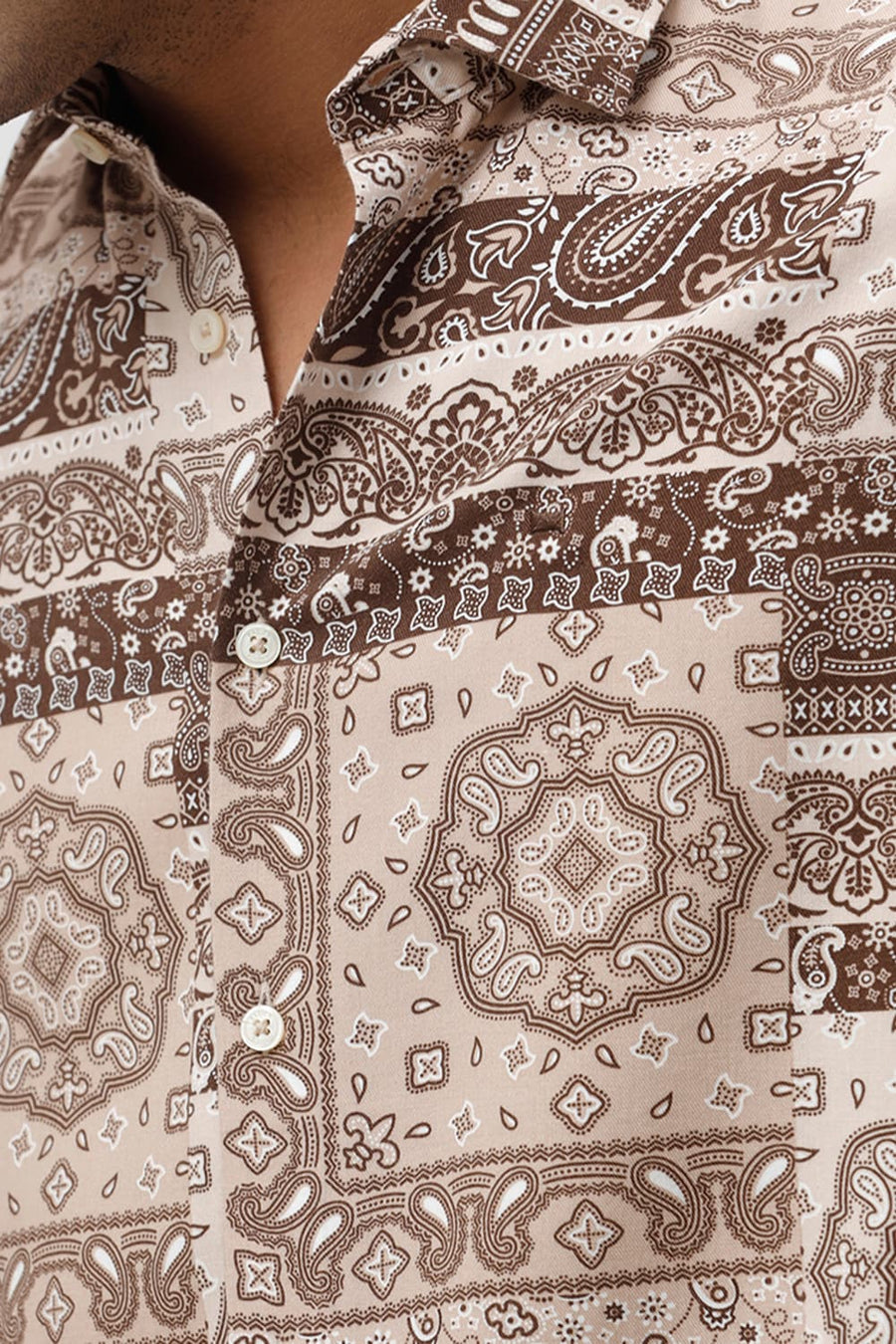 BASICS SLIM FIT APRICOT BEIGE COTTON VISCOSE TWILL PRINTED HALFSLEEVES SHIRT