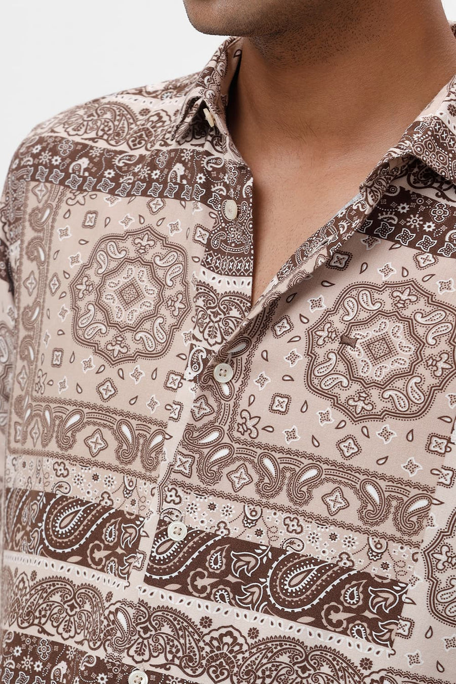 BASICS SLIM FIT APRICOT BEIGE COTTON VISCOSE TWILL PRINTED SHIRT