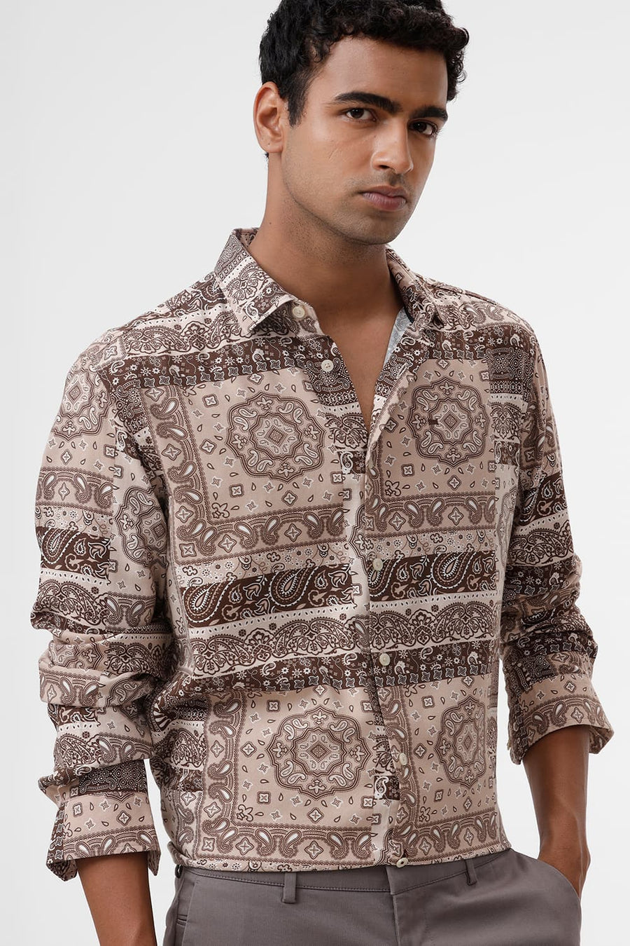 BASICS SLIM FIT APRICOT BEIGE COTTON VISCOSE TWILL PRINTED SHIRT