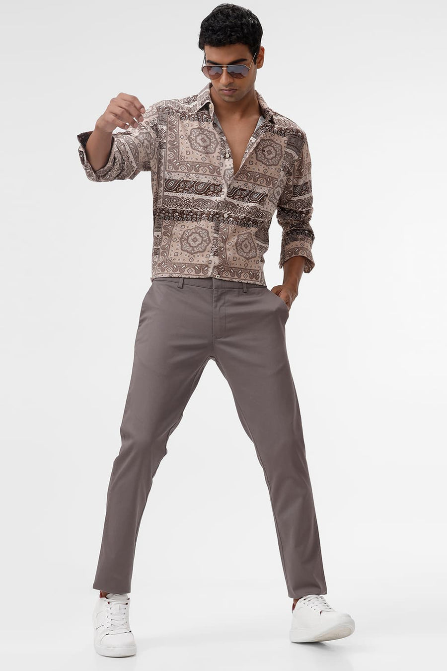 BASICS SLIM FIT APRICOT BEIGE COTTON VISCOSE TWILL PRINTED SHIRT