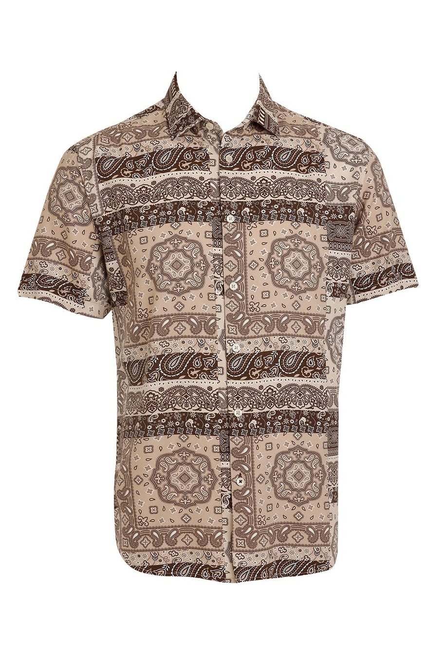 BASICS SLIM FIT APRICOT BEIGE COTTON VISCOSE TWILL PRINTED HALFSLEEVES SHIRT