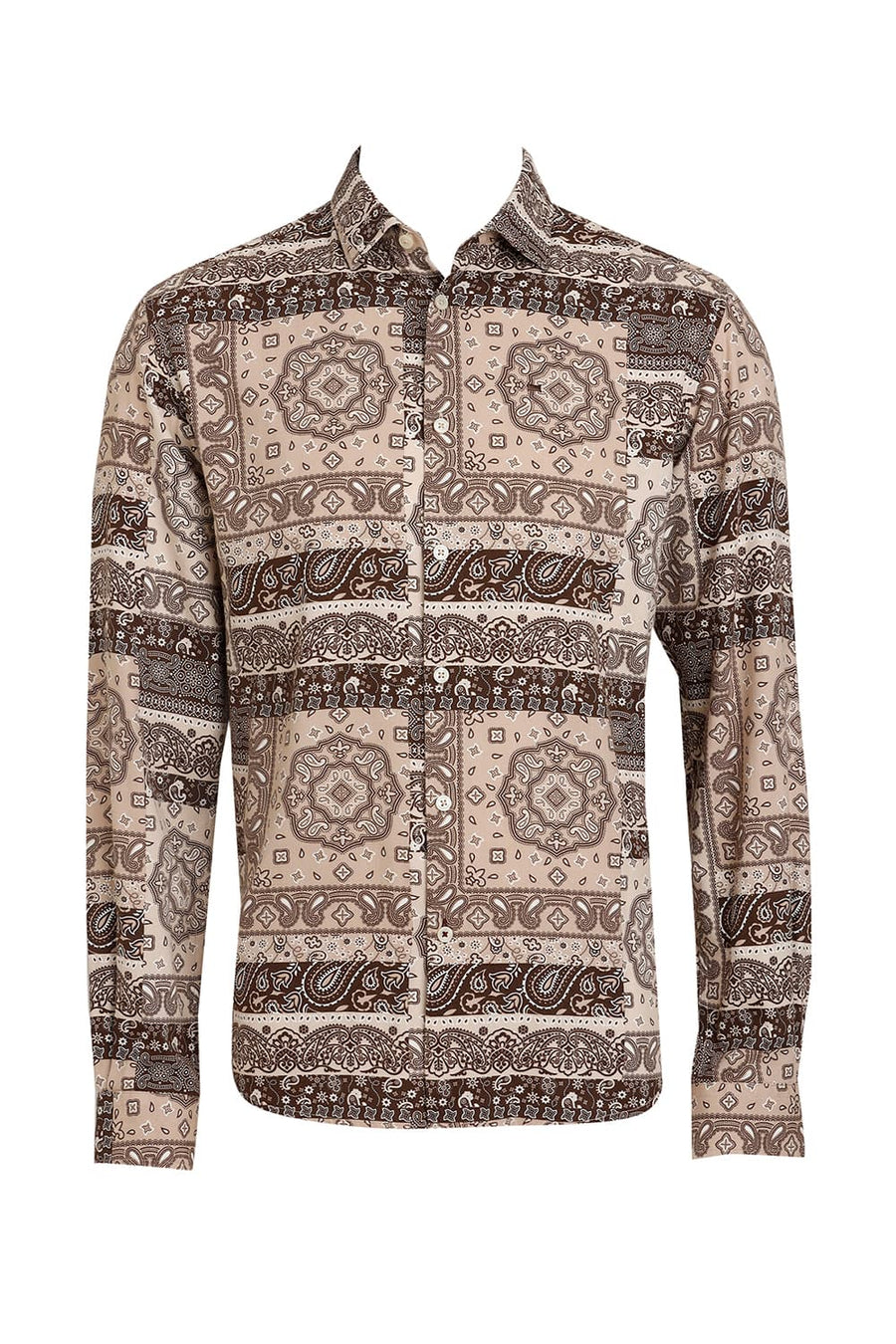 BASICS SLIM FIT APRICOT BEIGE COTTON VISCOSE TWILL PRINTED SHIRT