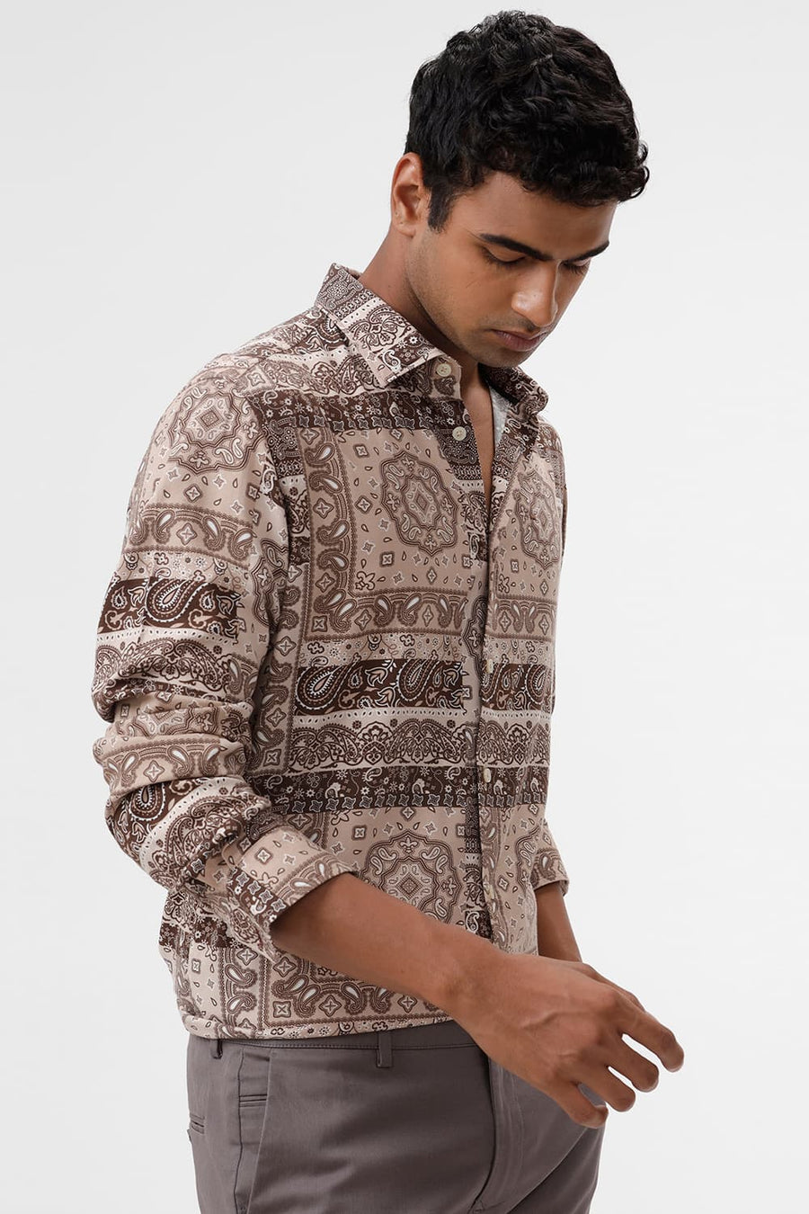 BASICS SLIM FIT APRICOT BEIGE COTTON VISCOSE TWILL PRINTED SHIRT
