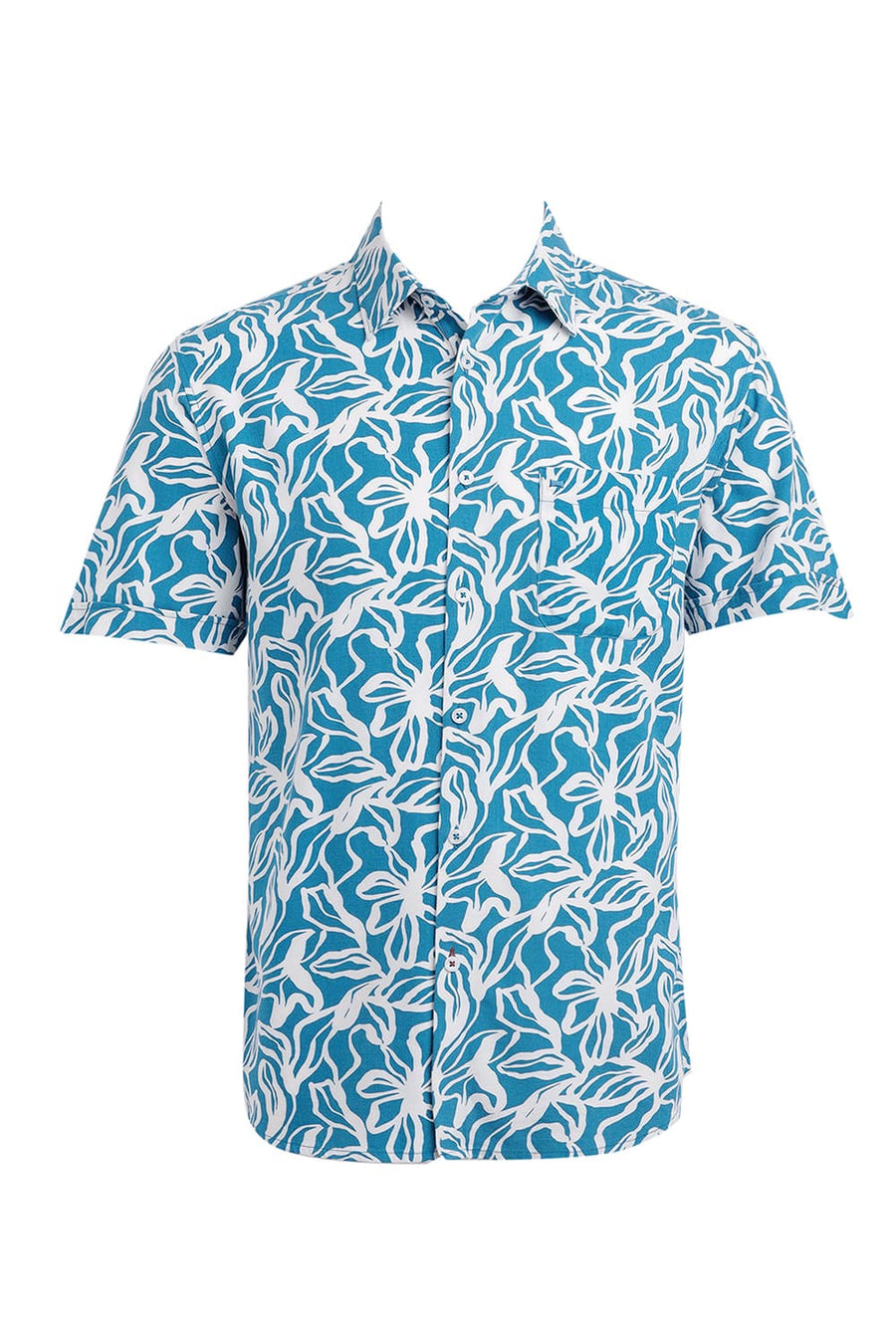 BASICS SLIM FIT MOSAIC BLUE COTTON VISCOSE TWILL PRINTED HALFSLEEVES SHIRT
