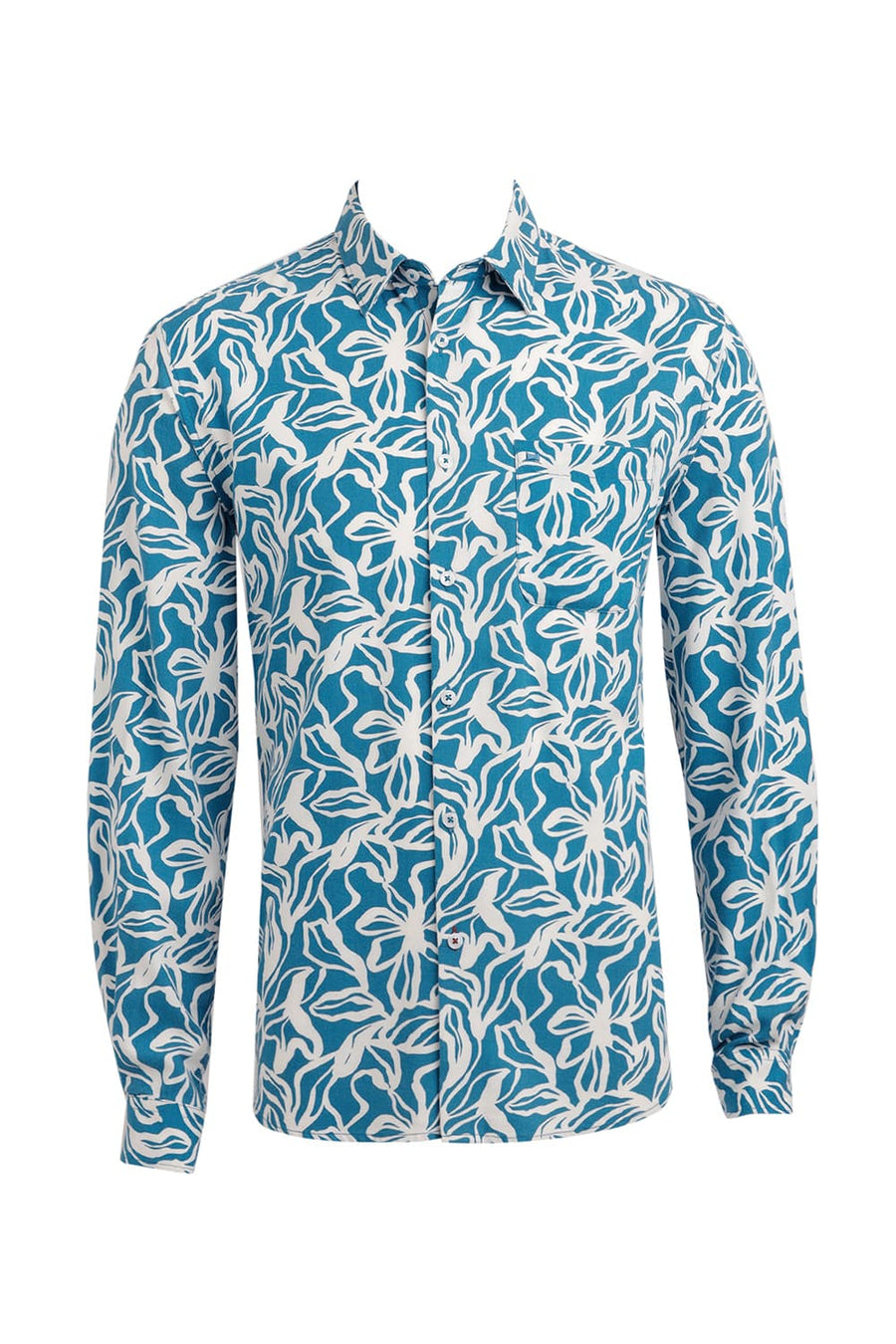 BASICS SLIM FIT MOSAIC BLUE COTTON VISCOSE TWILL PRINTED SHIRT