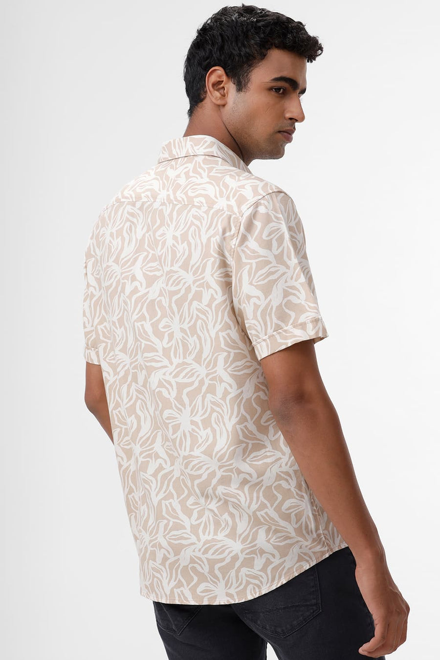 BASICS SLIM FIT CUBAN BEIGE COTTON VISCOSE TWILL PRINTED HALFSLEEVES SHIRT