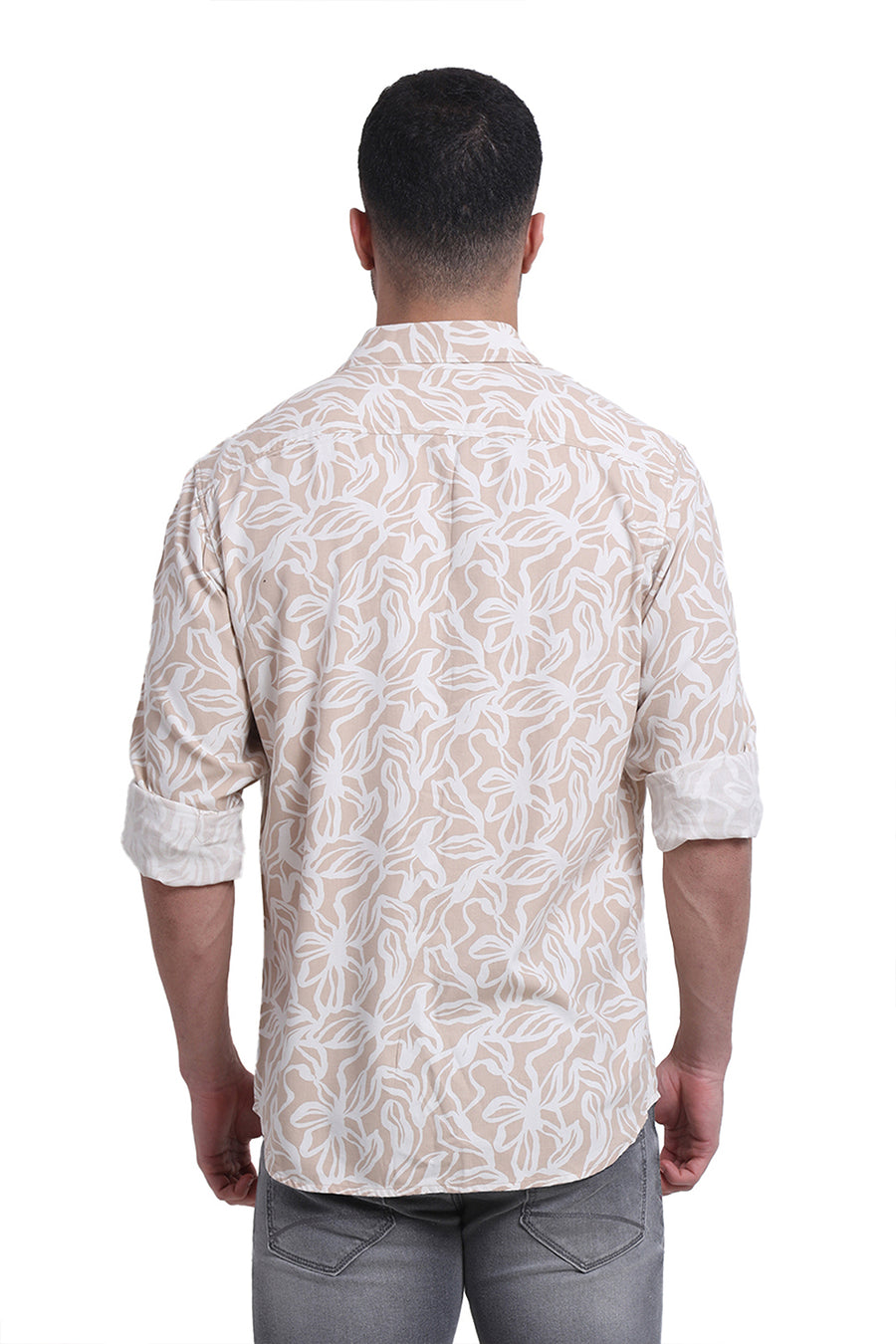 BASICS SLIM FIT CUBAN BEIGE COTTON VISCOSE TWILL PRINTED SHIRT