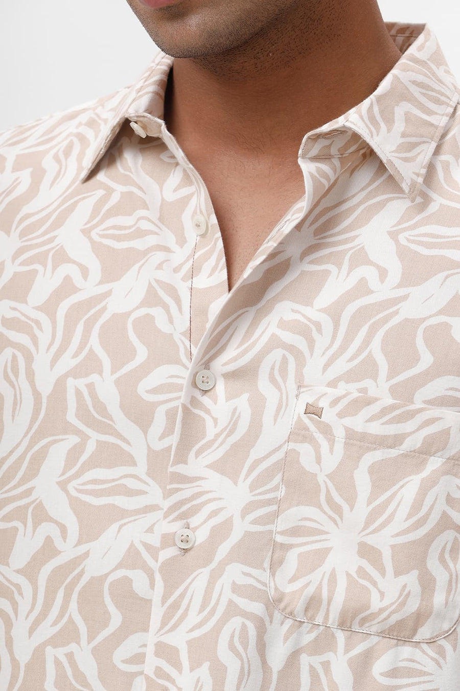 BASICS SLIM FIT CUBAN BEIGE COTTON VISCOSE TWILL PRINTED HALFSLEEVES SHIRT