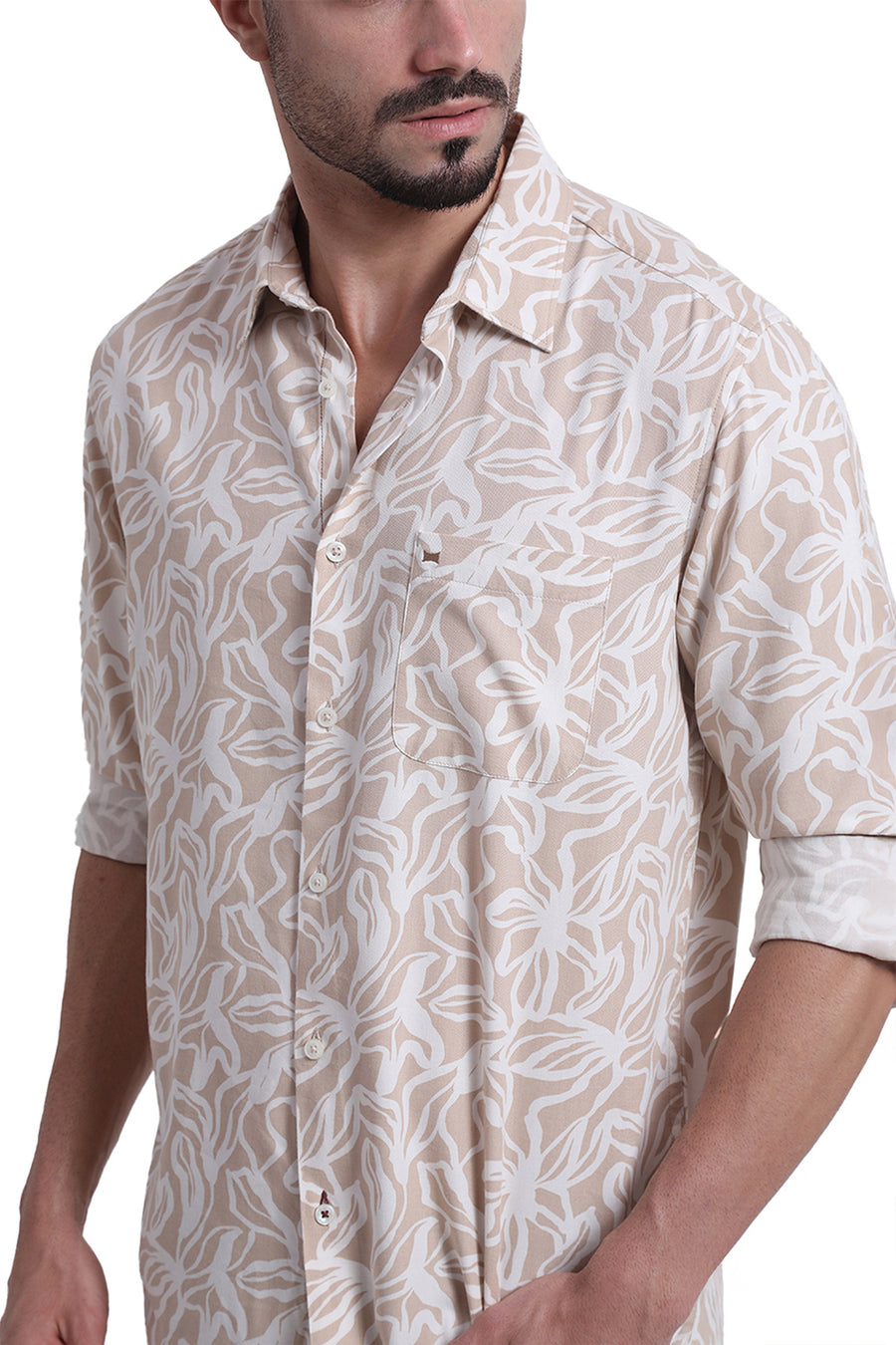 BASICS SLIM FIT CUBAN BEIGE COTTON VISCOSE TWILL PRINTED SHIRT