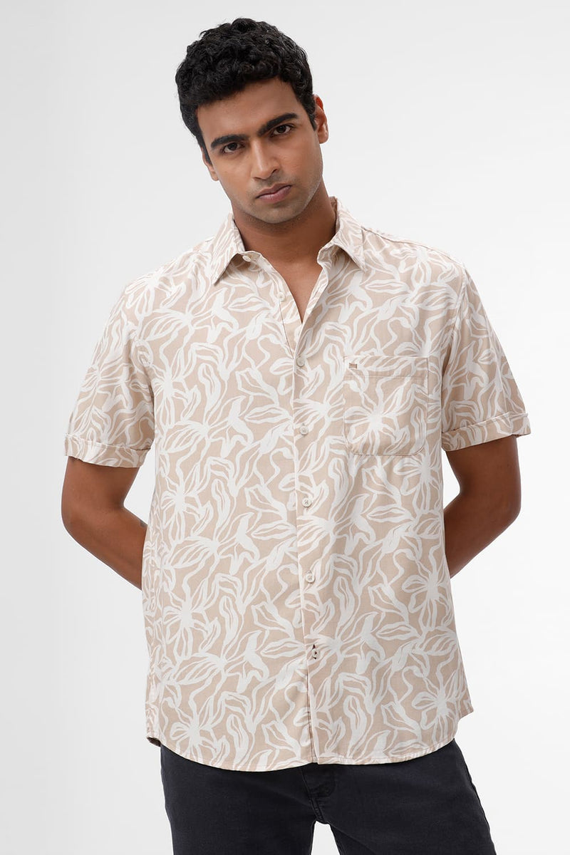 SLIM FIT COTTON VISCOSE TWILL PRINTED HALFSLEEVES SHIRT