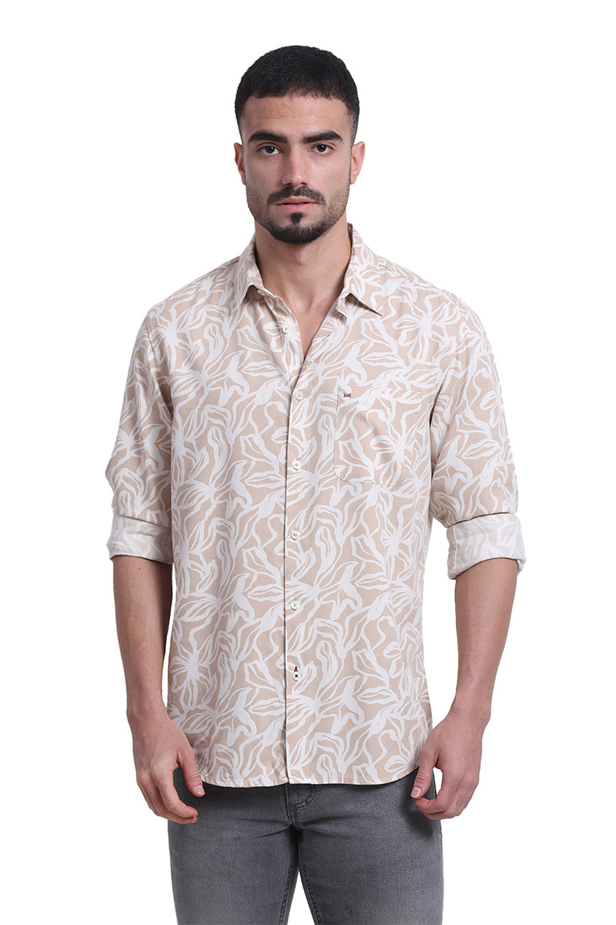 BASICS SLIM FIT CUBAN BEIGE COTTON VISCOSE TWILL PRINTED SHIRT
