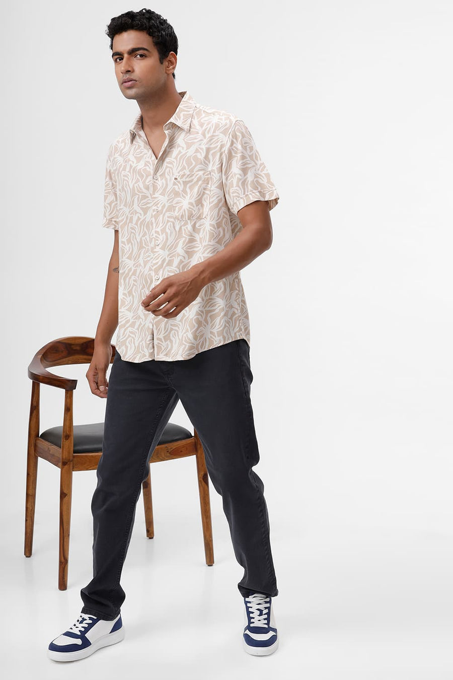 BASICS SLIM FIT CUBAN BEIGE COTTON VISCOSE TWILL PRINTED HALFSLEEVES SHIRT