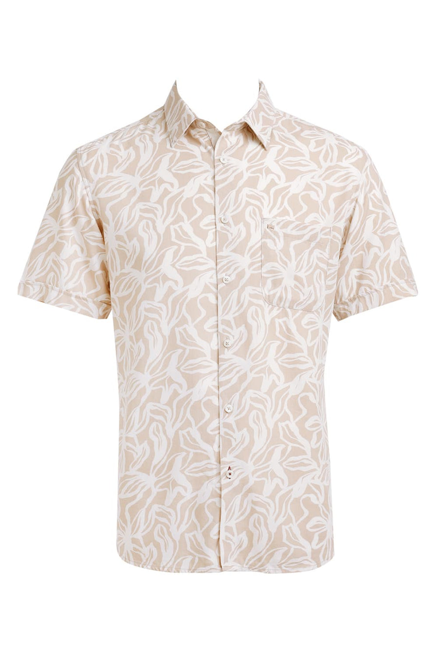 BASICS SLIM FIT CUBAN BEIGE COTTON VISCOSE TWILL PRINTED HALFSLEEVES SHIRT