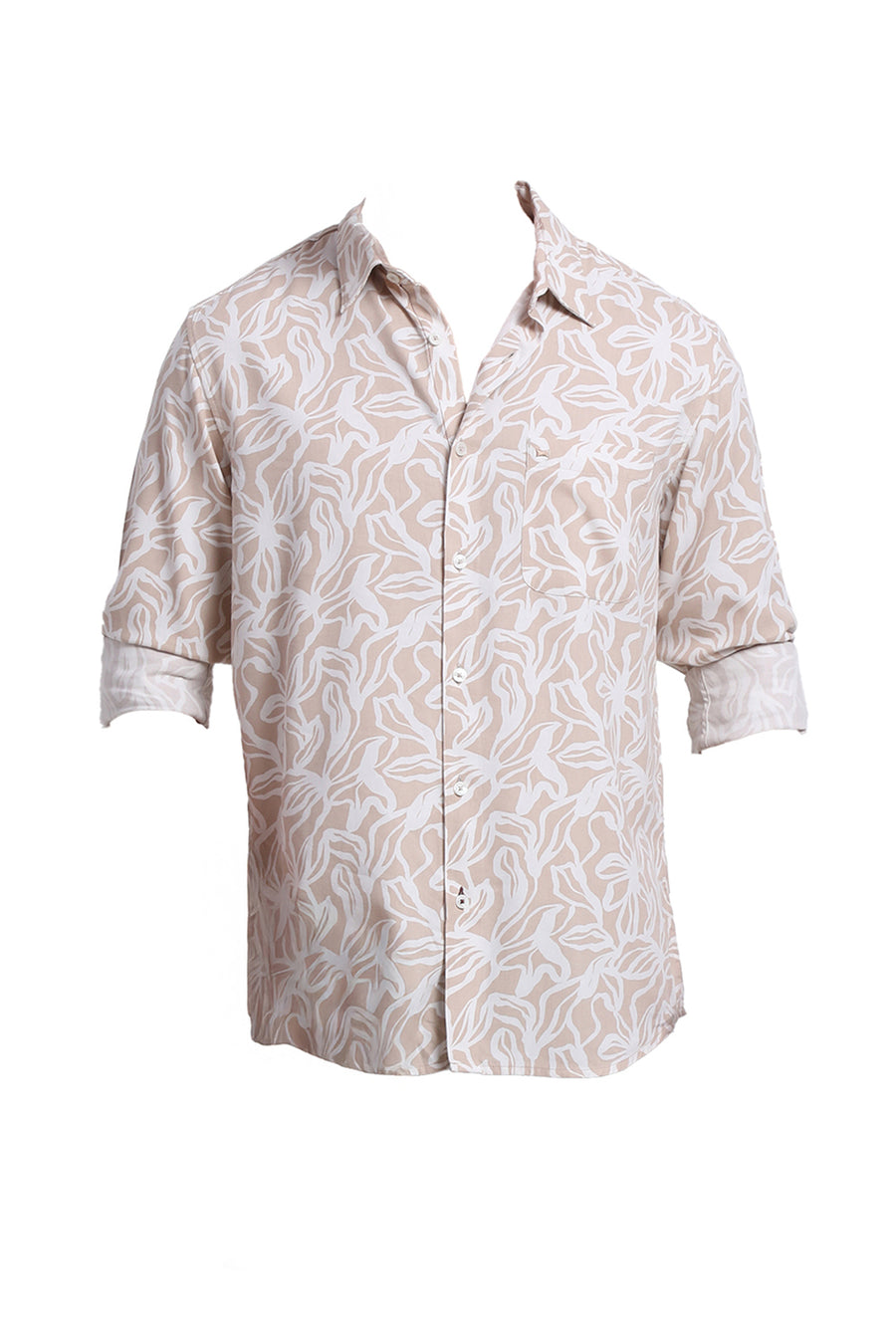 BASICS SLIM FIT CUBAN BEIGE COTTON VISCOSE TWILL PRINTED SHIRT
