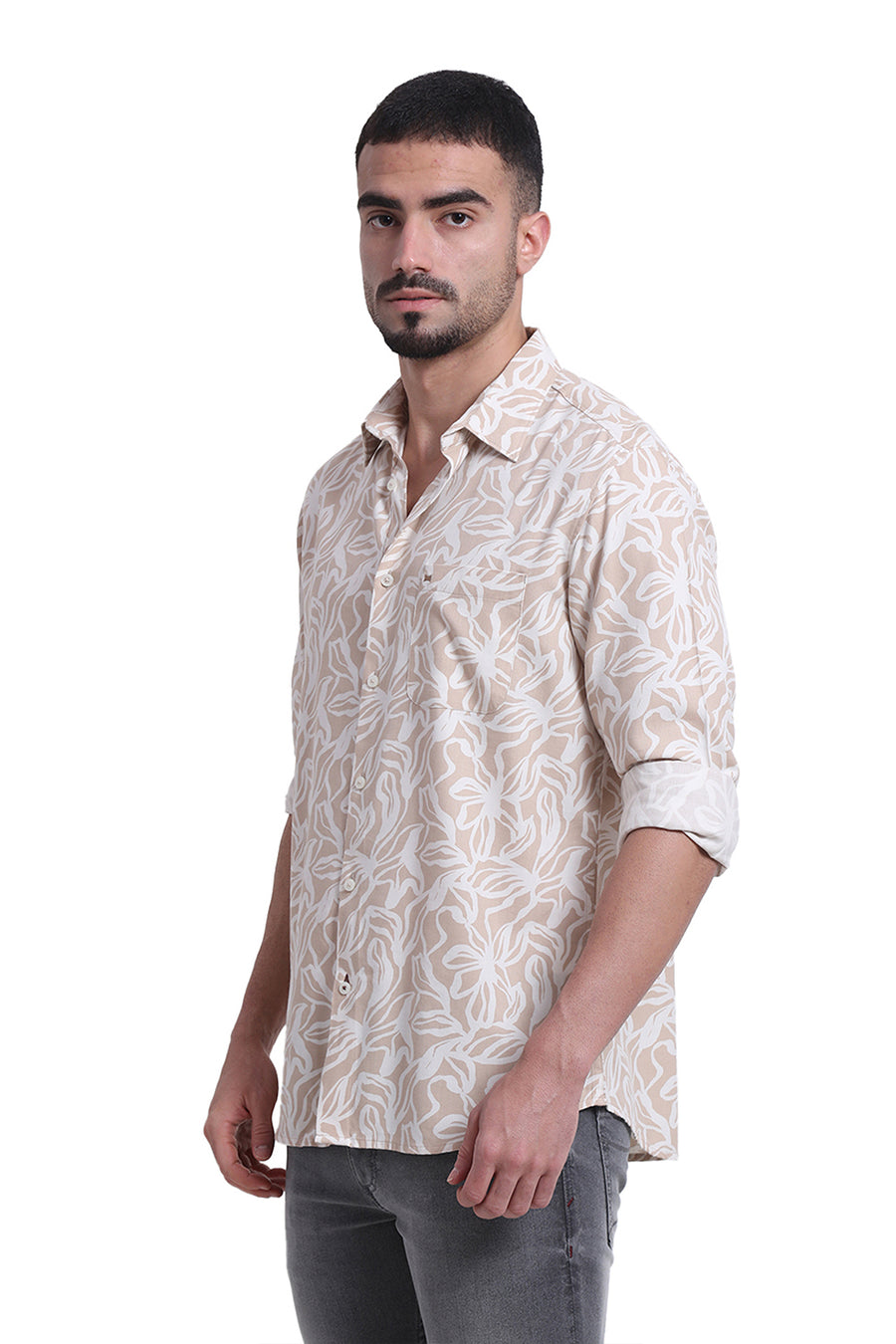 BASICS SLIM FIT CUBAN BEIGE COTTON VISCOSE TWILL PRINTED SHIRT
