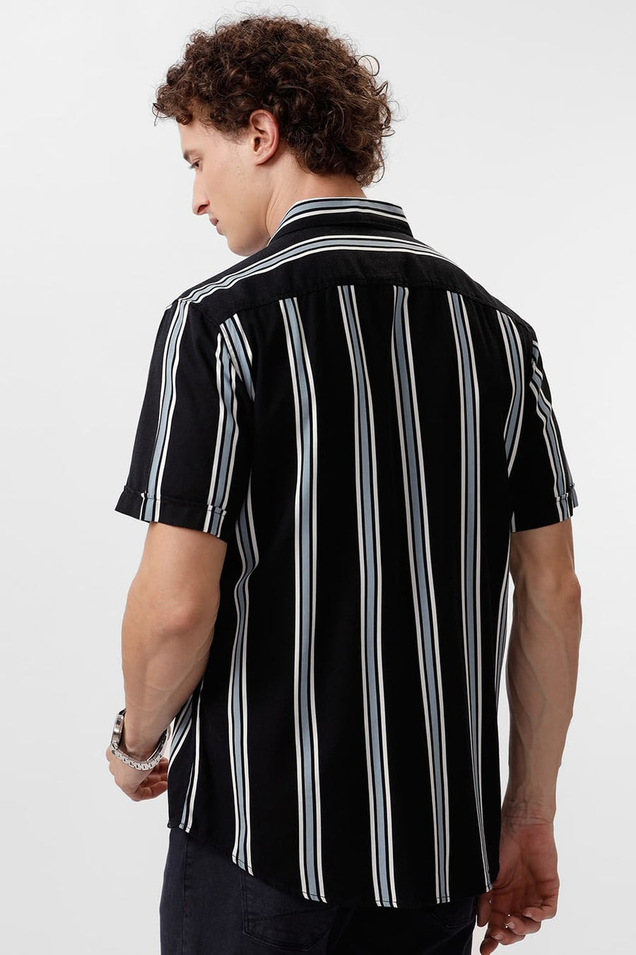BASICS SLIM FIT COAL BLACK COTTON VISCOSE PRINTED STRIPE HALFSLEEVES SHIRT