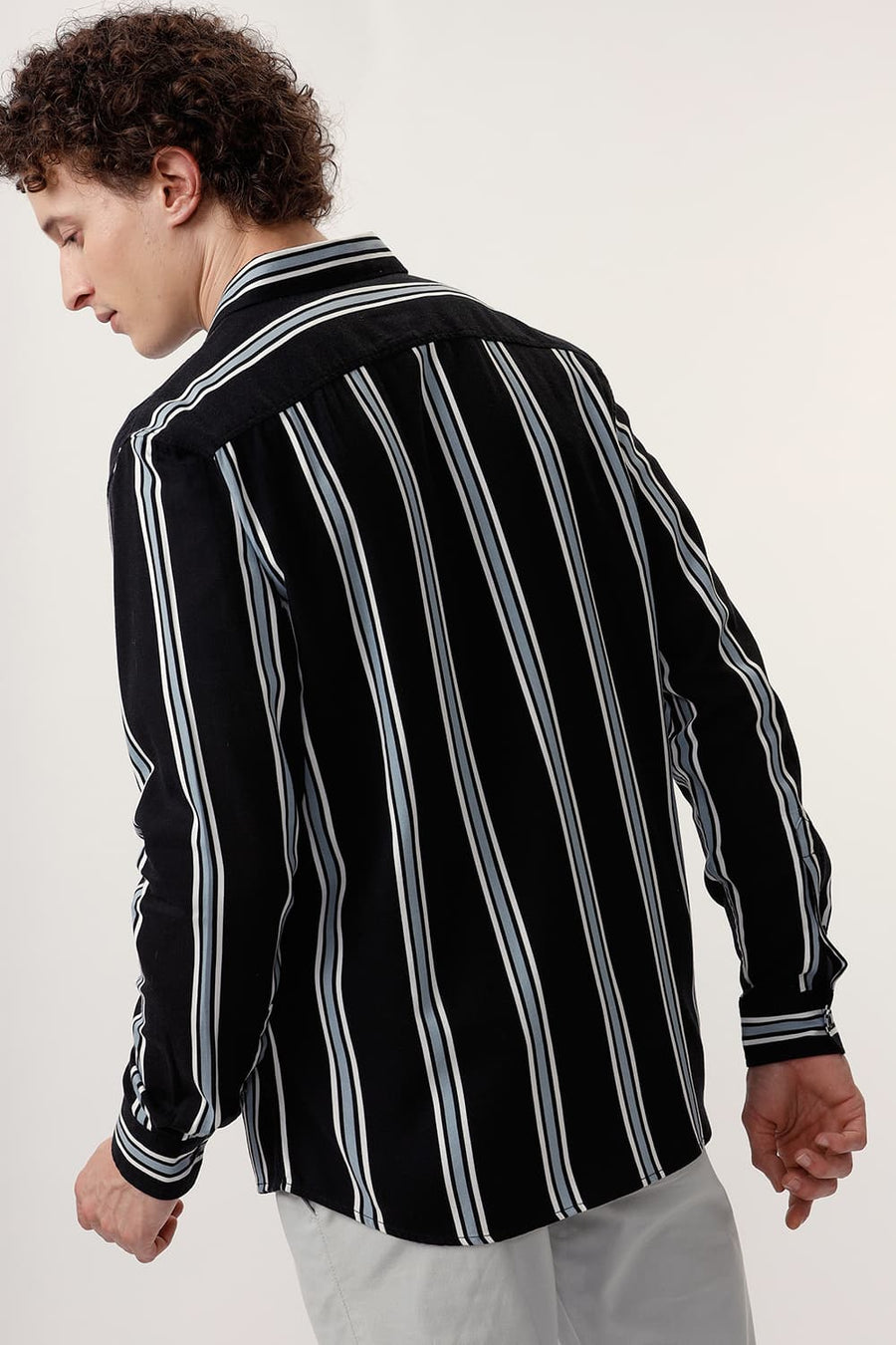 BASICS SLIM FIT COAL BLACK COTTON VISCOSE PRINTED STRIPE SHIRT