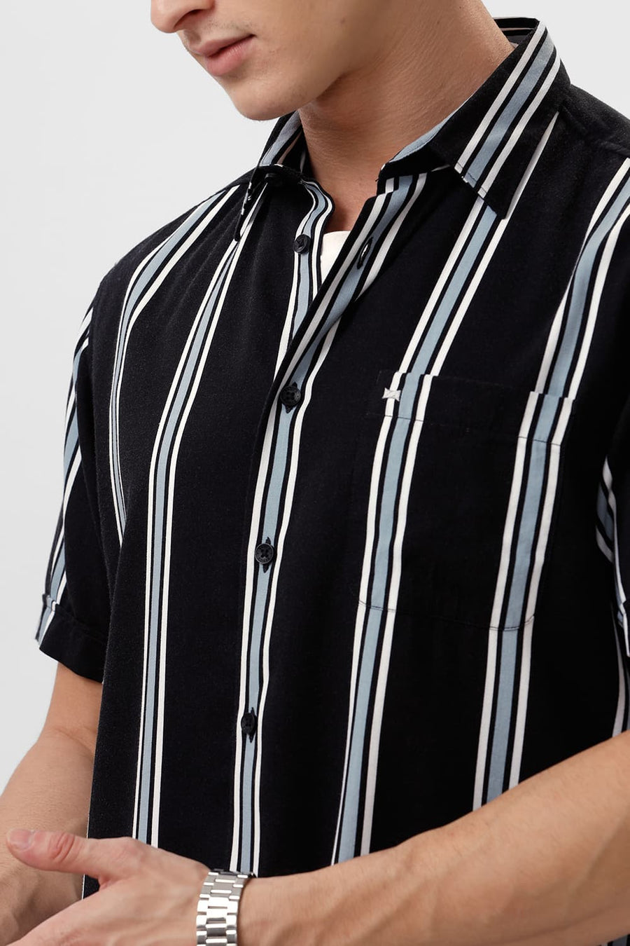 BASICS SLIM FIT COAL BLACK COTTON VISCOSE PRINTED STRIPE HALFSLEEVES SHIRT