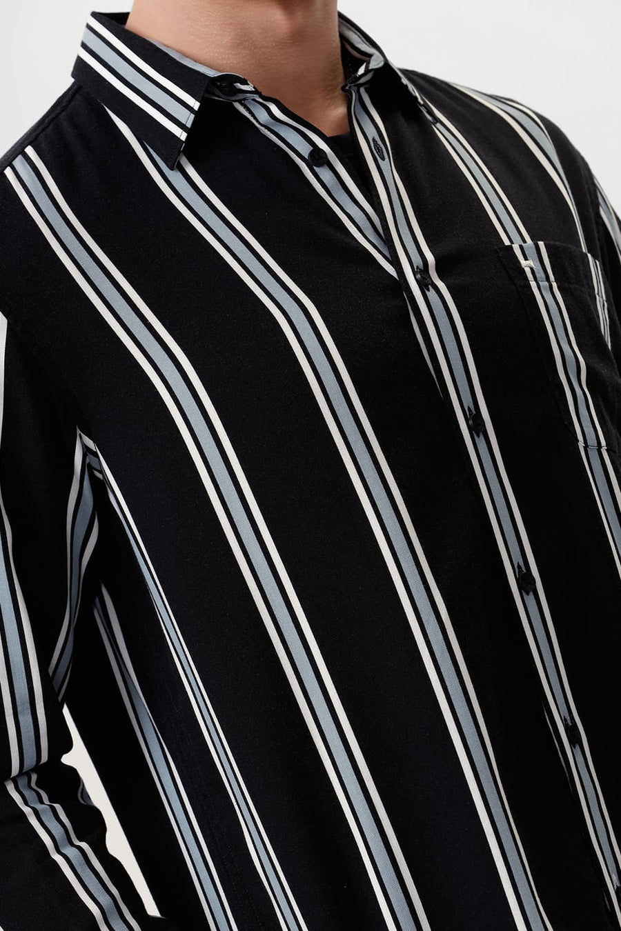 BASICS SLIM FIT COAL BLACK COTTON VISCOSE PRINTED STRIPE SHIRT