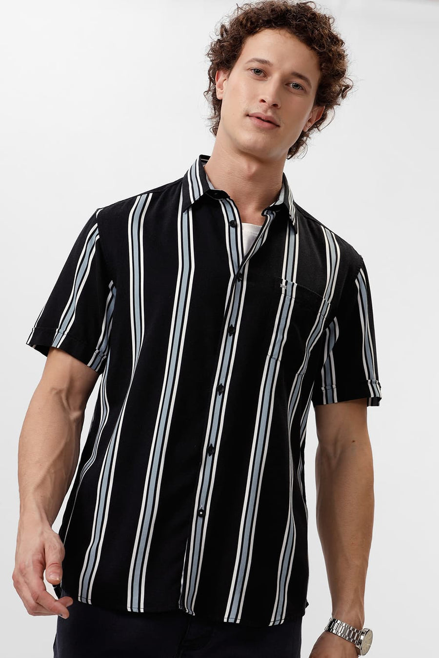 BASICS SLIM FIT COAL BLACK COTTON VISCOSE PRINTED STRIPE HALFSLEEVES SHIRT