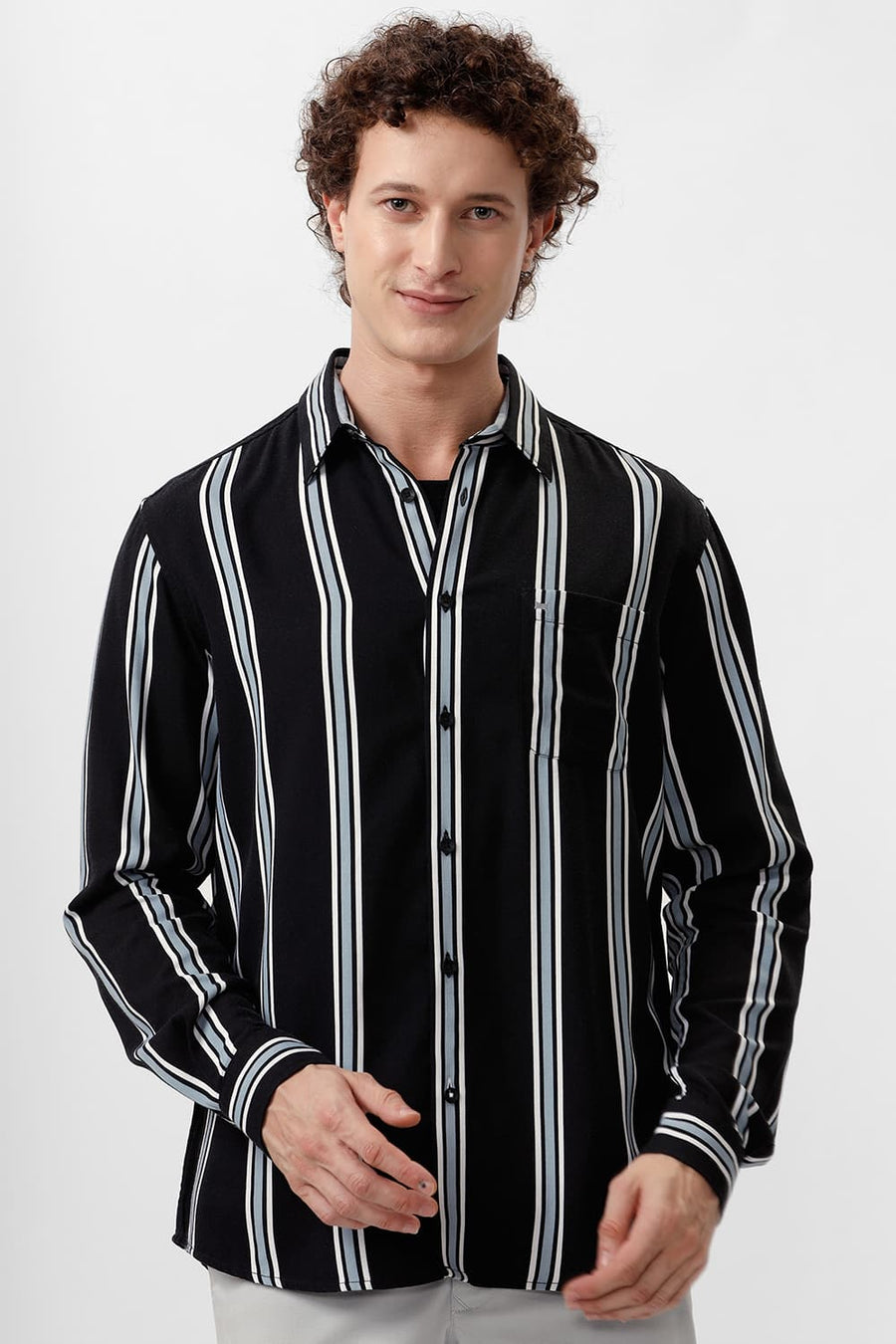 BASICS SLIM FIT COAL BLACK COTTON VISCOSE PRINTED STRIPE SHIRT