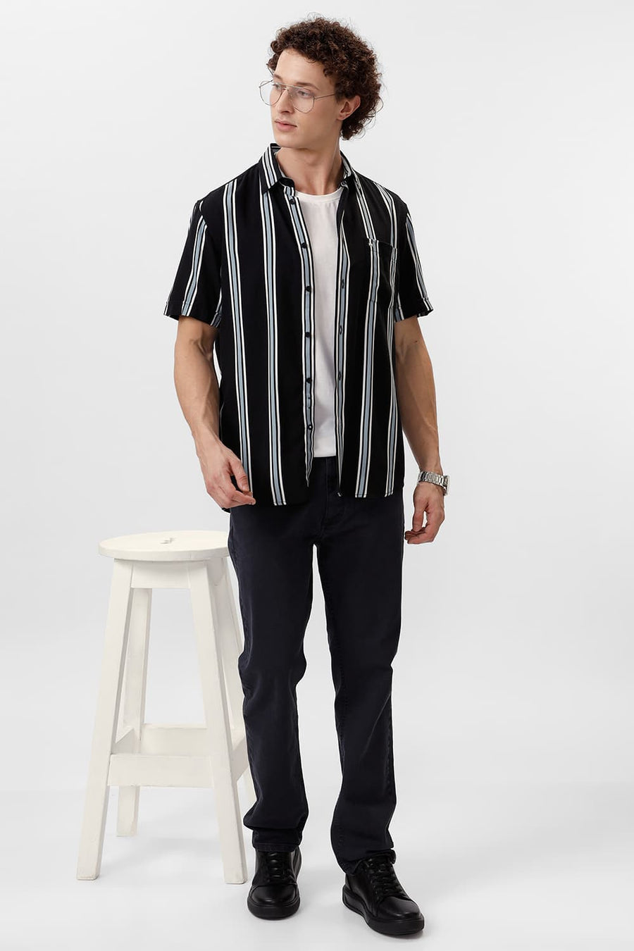 BASICS SLIM FIT COAL BLACK COTTON VISCOSE PRINTED STRIPE HALFSLEEVES SHIRT