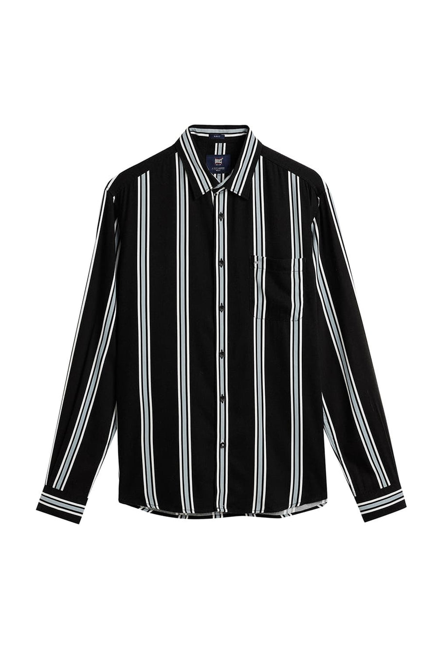 BASICS SLIM FIT COAL BLACK COTTON VISCOSE PRINTED STRIPE SHIRT