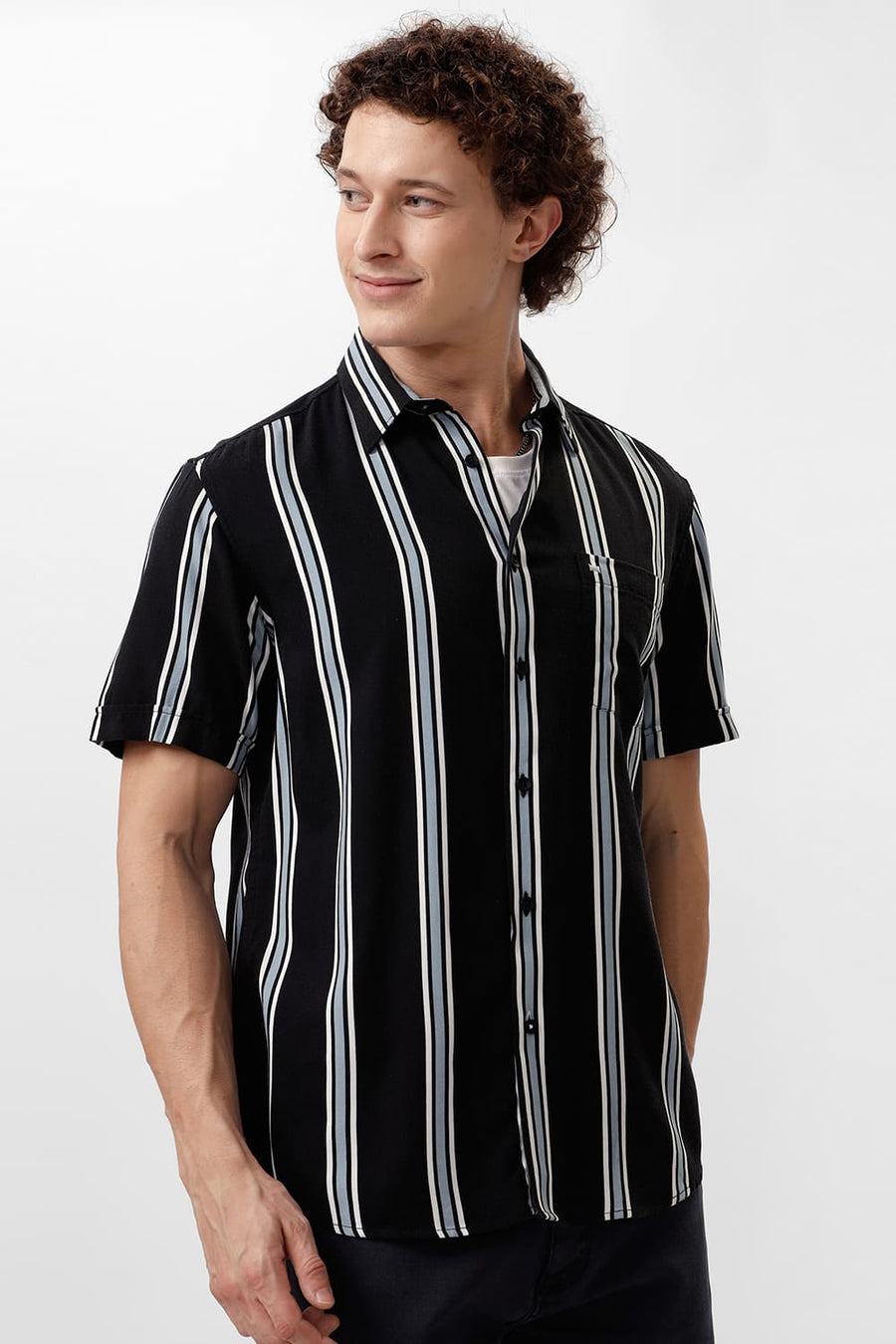 BASICS SLIM FIT COAL BLACK COTTON VISCOSE PRINTED STRIPE HALFSLEEVES SHIRT
