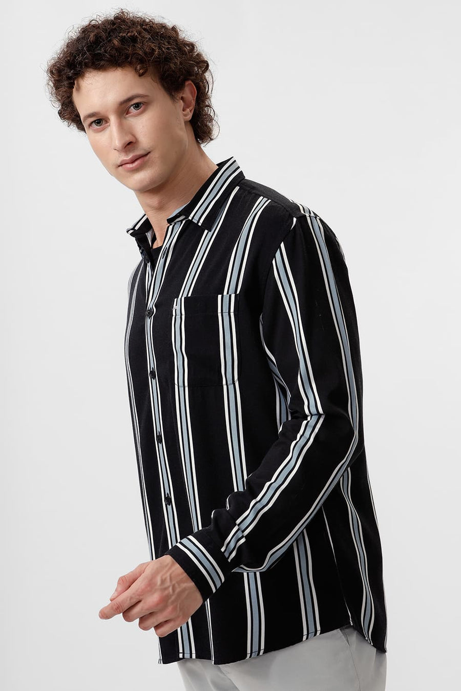 BASICS SLIM FIT COAL BLACK COTTON VISCOSE PRINTED STRIPE SHIRT
