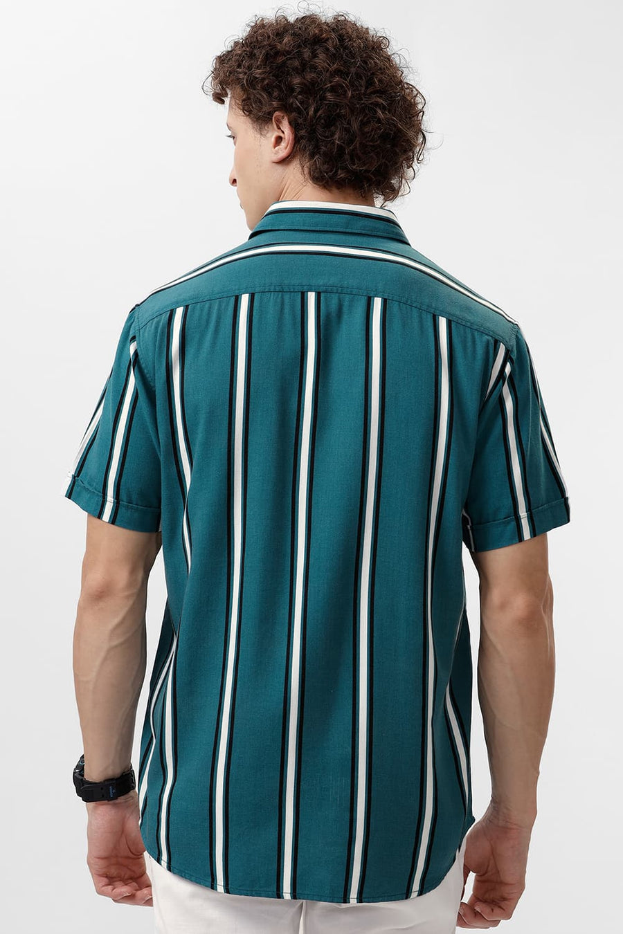 BASICS SLIM FIT DRAGONFLY TEAL COTTON VISCOSE PRINTED STRIPE HALFSLEEVES SHIRT