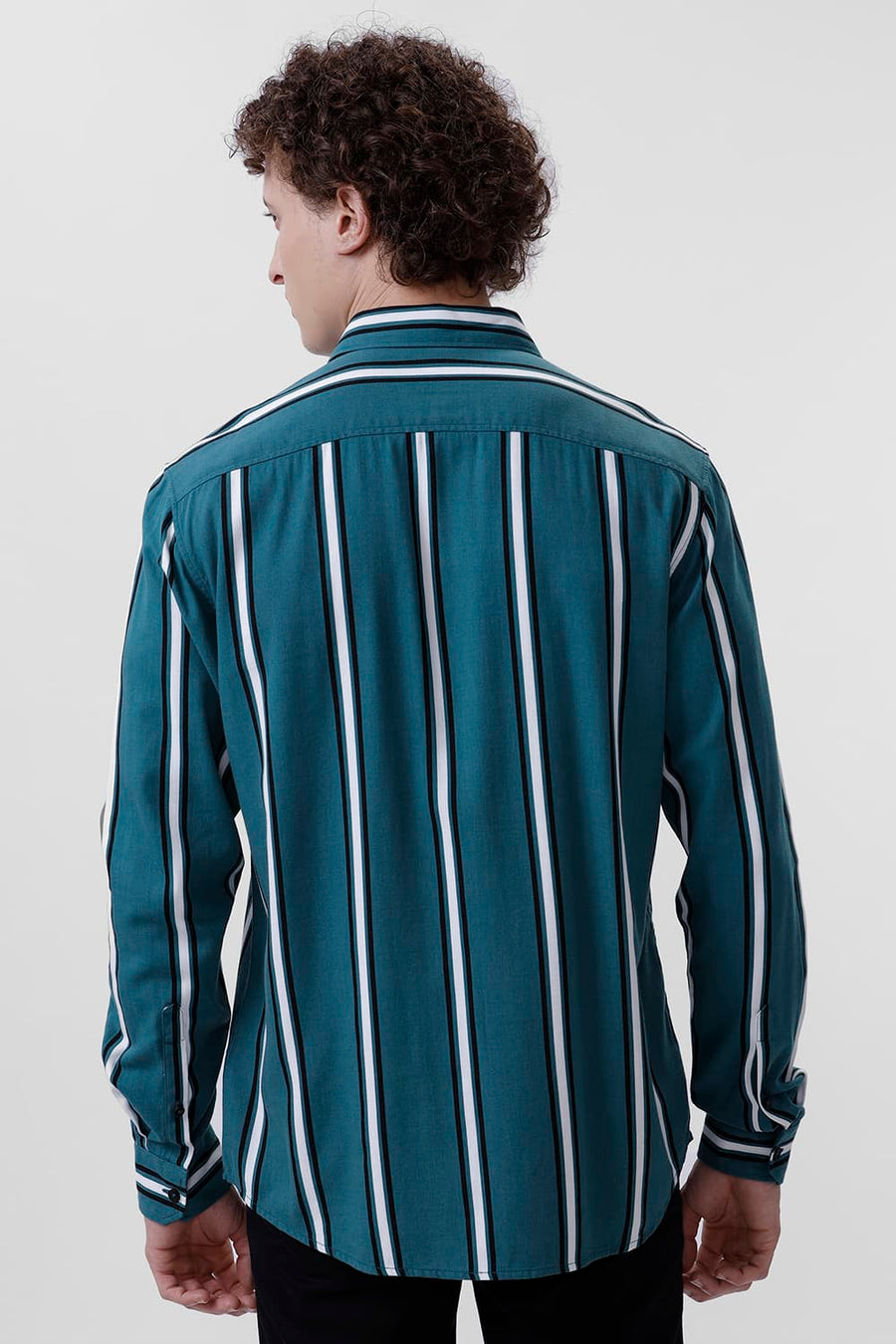 BASICS SLIM FIT DRAGONFLY TEAL COTTON VISCOSE PRINTED STRIPE SHIRT
