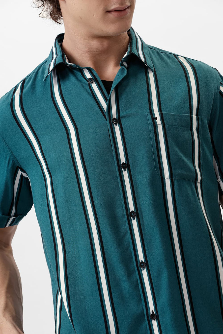 BASICS SLIM FIT DRAGONFLY TEAL COTTON VISCOSE PRINTED STRIPE HALFSLEEVES SHIRT