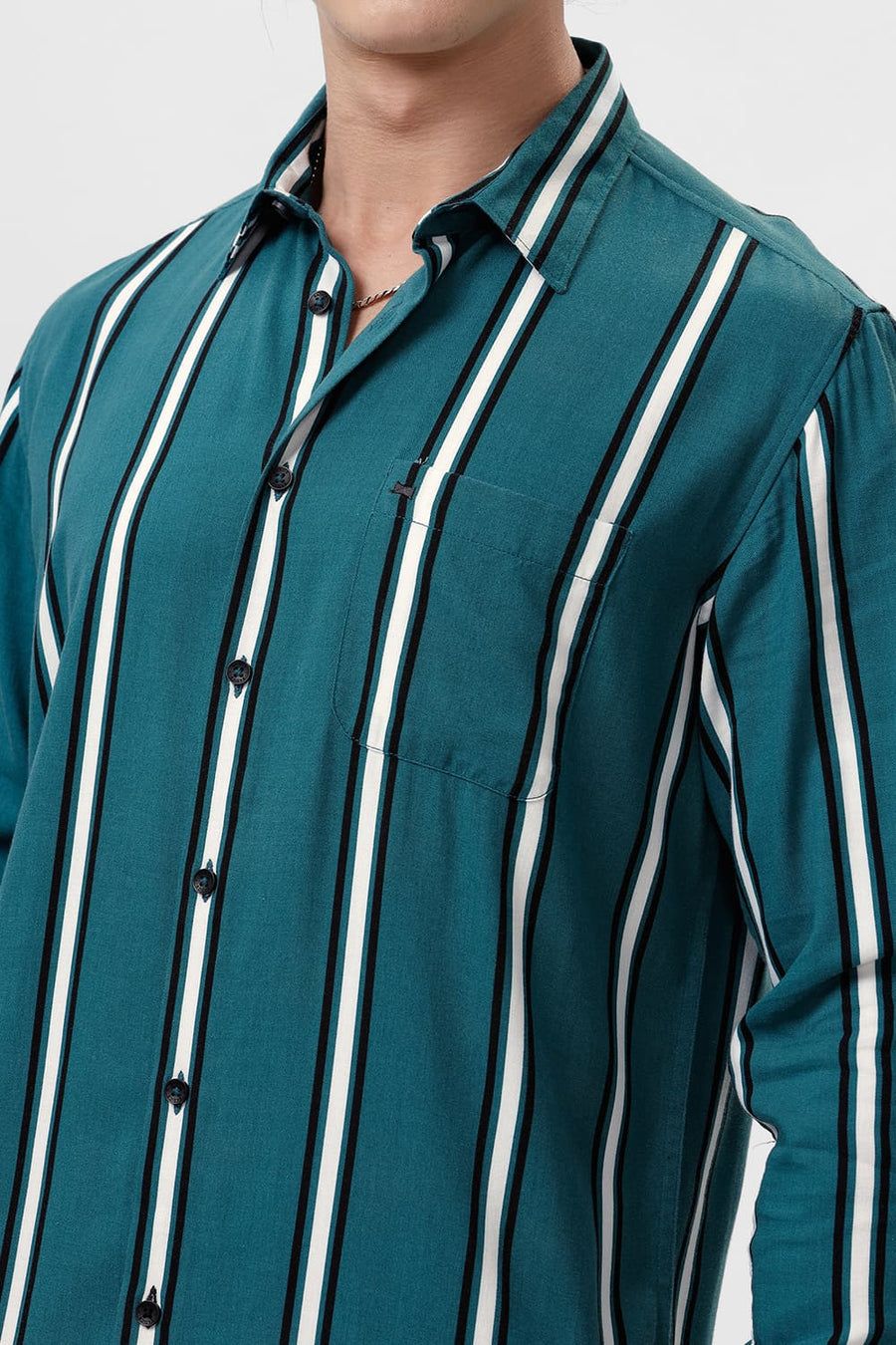 BASICS SLIM FIT DRAGONFLY TEAL COTTON VISCOSE PRINTED STRIPE SHIRT