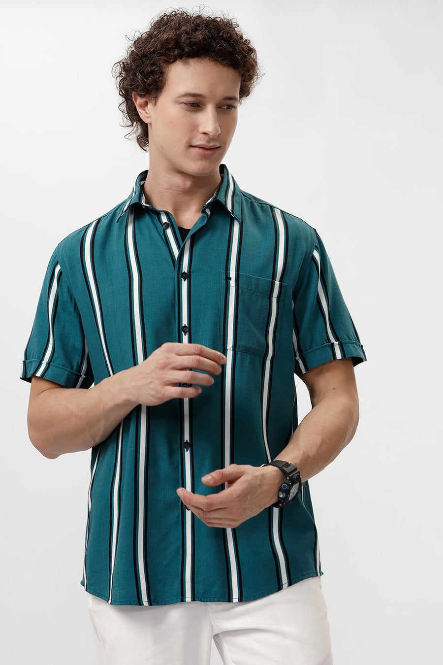 BASICS SLIM FIT DRAGONFLY TEAL COTTON VISCOSE PRINTED STRIPE HALFSLEEVES SHIRT