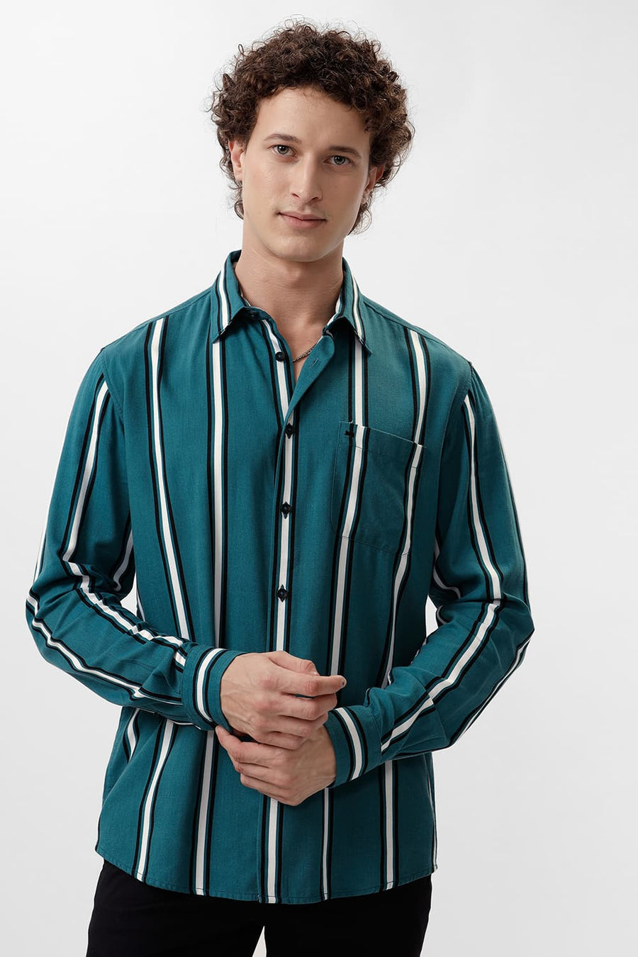 BASICS SLIM FIT DRAGONFLY TEAL COTTON VISCOSE PRINTED STRIPE SHIRT