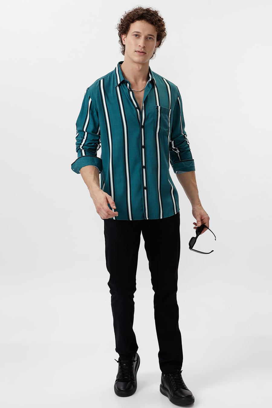 BASICS SLIM FIT DRAGONFLY TEAL COTTON VISCOSE PRINTED STRIPE SHIRT