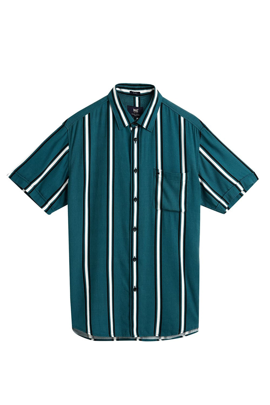 BASICS SLIM FIT DRAGONFLY TEAL COTTON VISCOSE PRINTED STRIPE HALFSLEEVES SHIRT