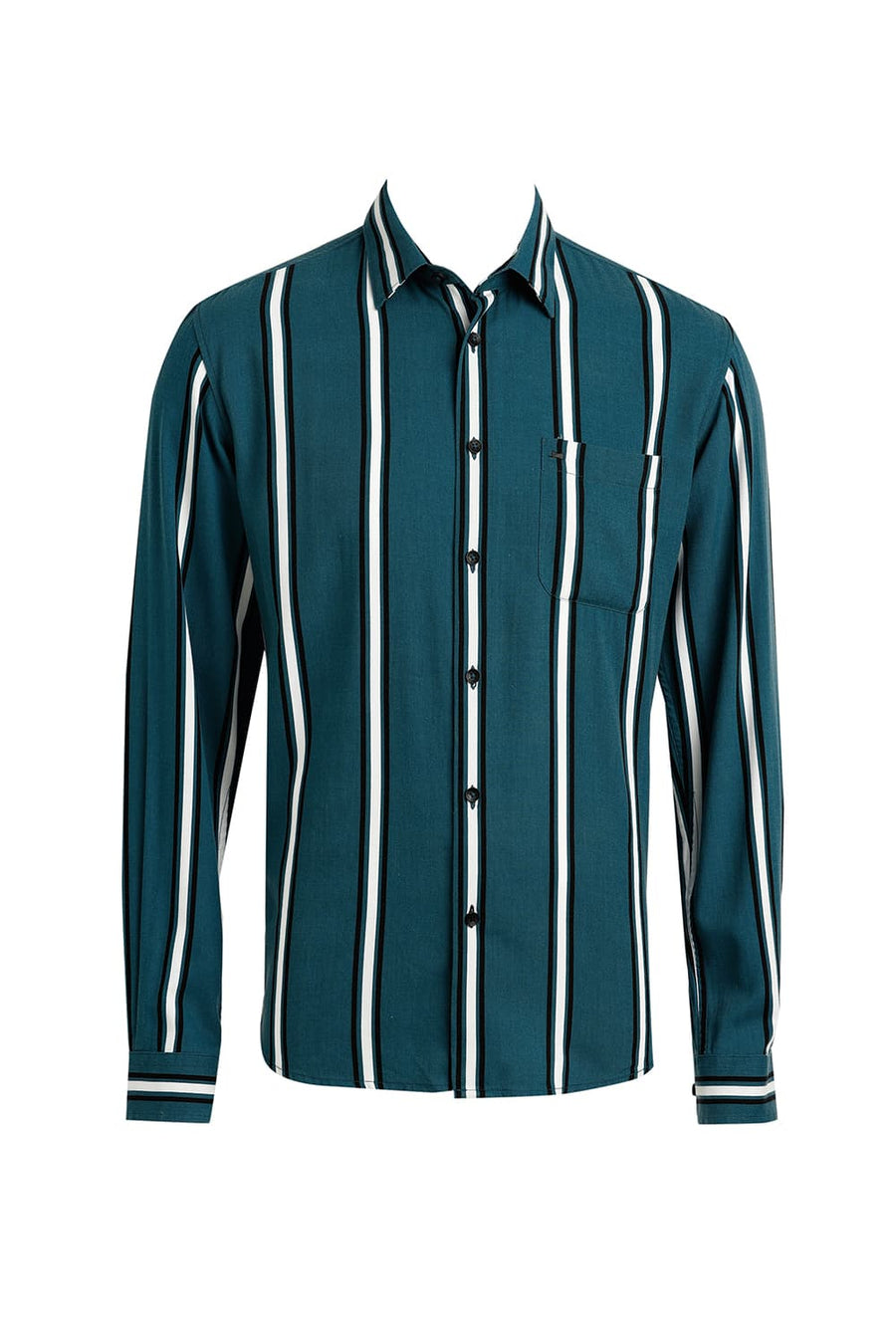BASICS SLIM FIT DRAGONFLY TEAL COTTON VISCOSE PRINTED STRIPE SHIRT