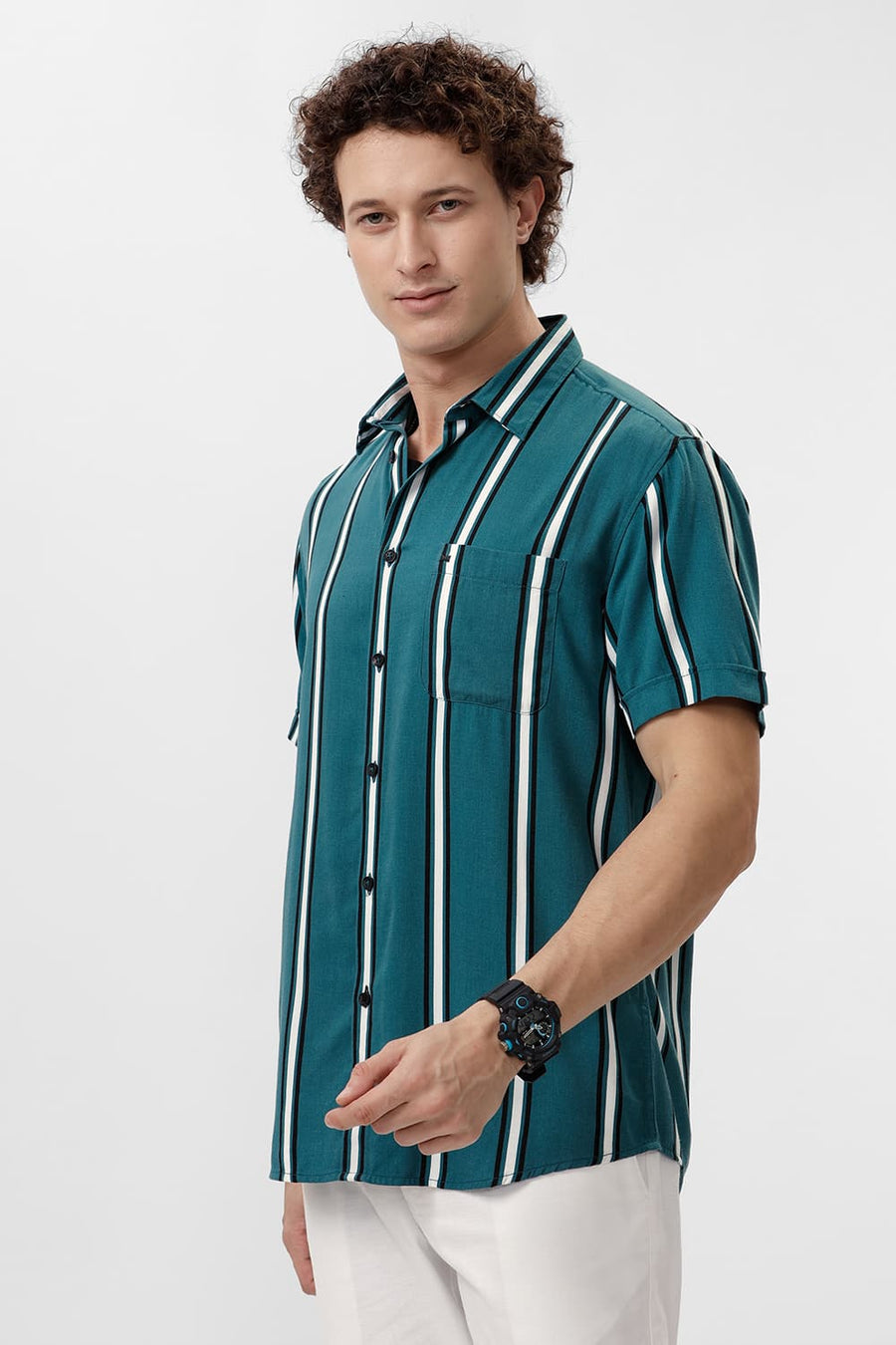 BASICS SLIM FIT DRAGONFLY TEAL COTTON VISCOSE PRINTED STRIPE HALFSLEEVES SHIRT