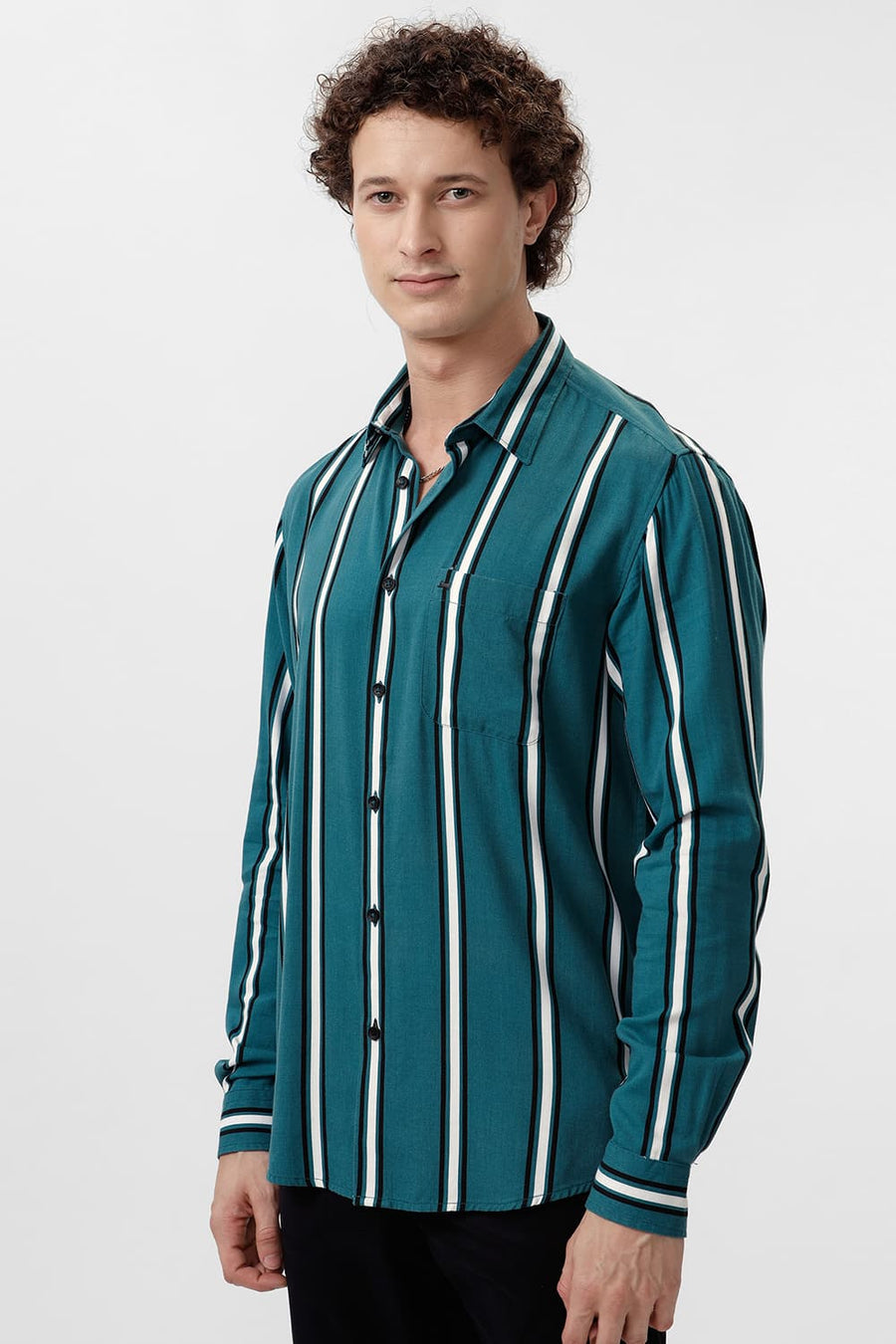 BASICS SLIM FIT DRAGONFLY TEAL COTTON VISCOSE PRINTED STRIPE SHIRT