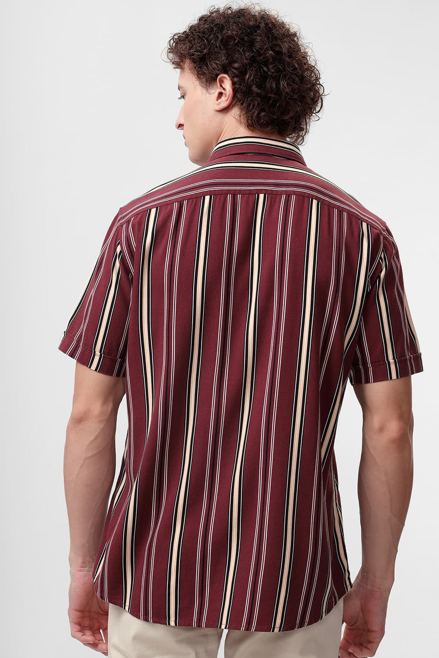 BASICS SLIM FIT RUBY WINE COTTON VISCOSE PRINTED STRIPE HALFSLEEVES SHIRT