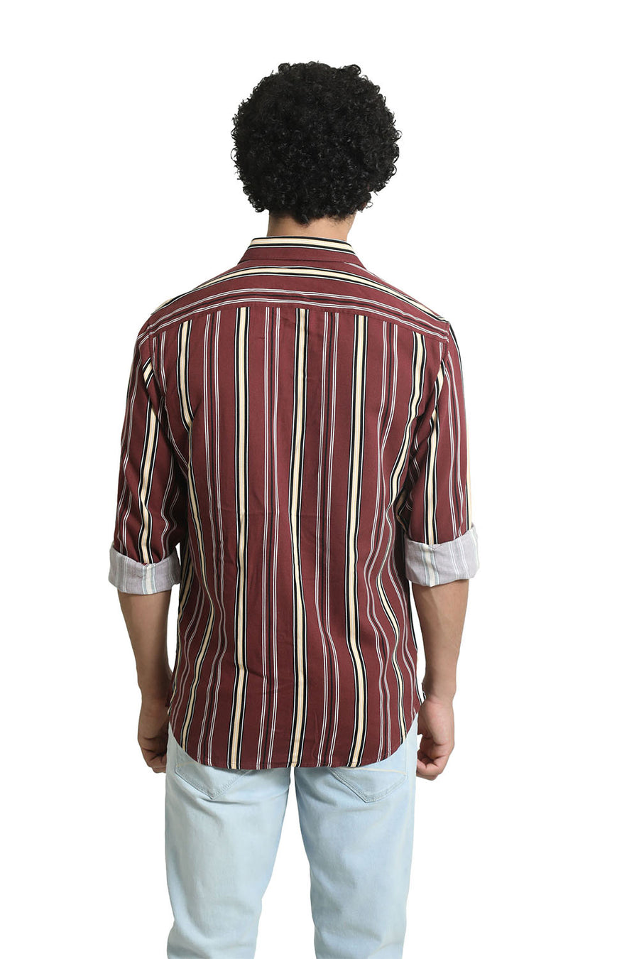 BASICS SLIM FIT RUBY WINE COTTON VISCOSE PRINTED STRIPE SHIRT