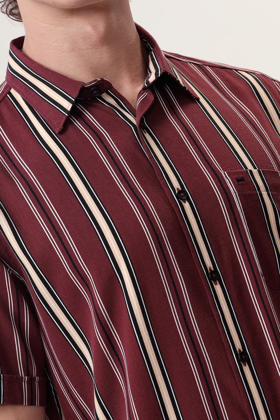 BASICS SLIM FIT RUBY WINE COTTON VISCOSE PRINTED STRIPE HALFSLEEVES SHIRT