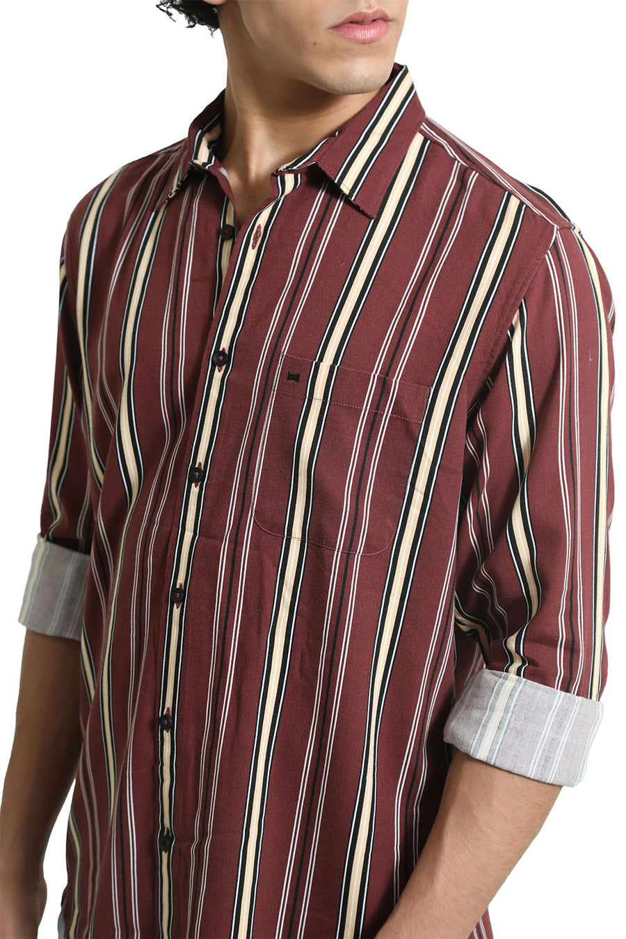 BASICS SLIM FIT RUBY WINE COTTON VISCOSE PRINTED STRIPE SHIRT