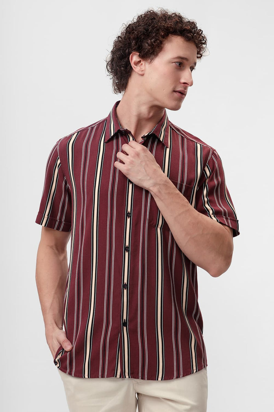 BASICS SLIM FIT RUBY WINE COTTON VISCOSE PRINTED STRIPE HALFSLEEVES SHIRT