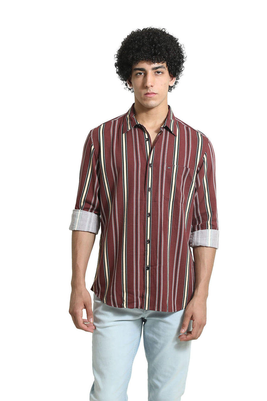 BASICS SLIM FIT RUBY WINE COTTON VISCOSE PRINTED STRIPE SHIRT